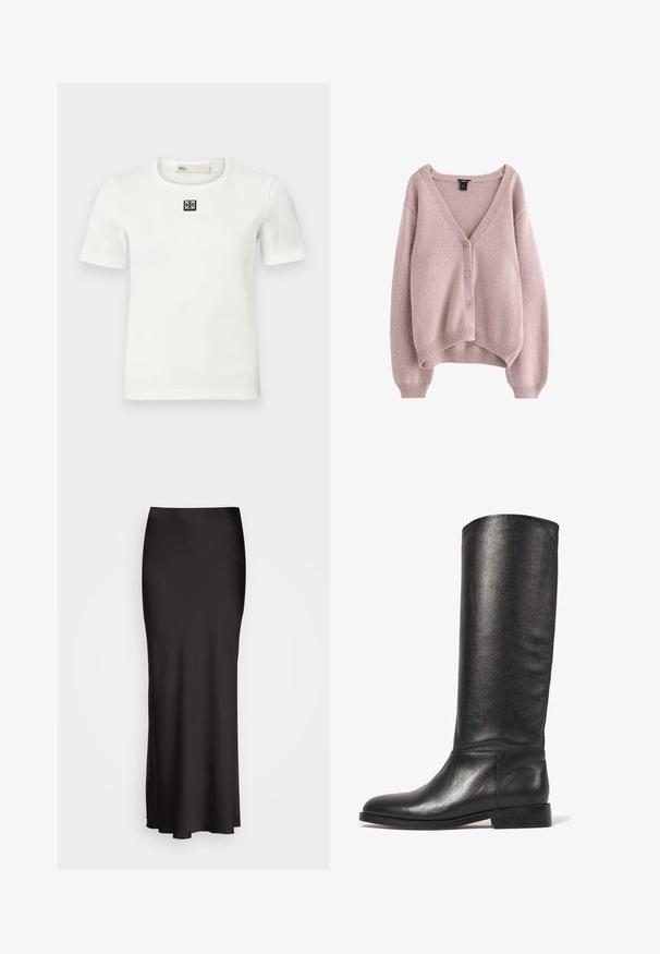 Cardigan lavorato a maglia rosa chiaro con scollo a V, quattro bottoni davanti e orlo e polsini a costine. Texture morbida con vestibilità comoda.; T-shirt bianco a maniche corte con costine, caratterizzato da un accento quadrato nero sul petto; scollatura rotonda, forma aderente e texture morbida.; Gonna in satin nera, lunga fino al pavimento, con una texture liscia, vita aderente e silhouette a forma di A, priva di decorazioni visibili o fantasie.; Stivale in pelle nera al ginocchio con finitura testurizzata, punta tonda, gambo liscio e tacco basso impilato. Design minimalista, senza accessori visibili.
