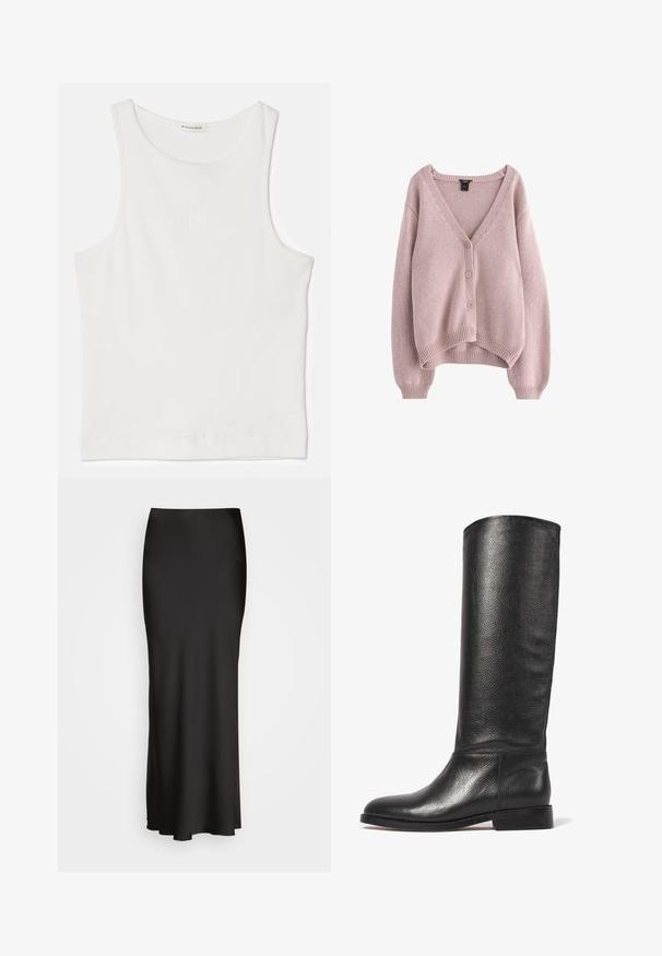 Světle růžový pletený cardigan s výstřihem do V, se čtyřmi knoflíky vpředu a ribováním na lemu a rukávech. Měkká textura a uvolněný střih.; By Malene Birger AMANIAS - Top - off-white; Černá, dlouhá saténová sukně s hladkou texturou, úzkým pasem a A-liniovým střihem, bez viditelných ozdob nebo vzorů.; Kožené vysoké boty černé barvy s texturovaným povrchem, zaoblenou špičkou, hladkým svrškem a nízkým stacked podpatkem. Minimalistický design, žádné viditelné kovové prvky.