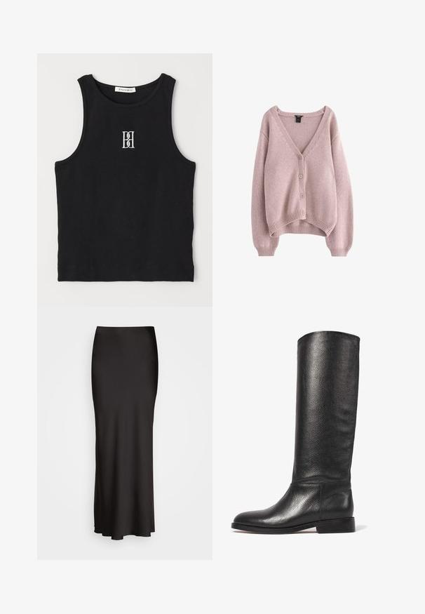 Light pink knitted cardigan with a V-neck, four buttons down the front, and ribbed hem and cuffs. Soft texture with a relaxed fit.; Black ribbed tank top featuring a round neckline and embroidered logo in white. Fabric has a smooth texture with a fitted shape.; Black, floor-length satin skirt with a smooth texture, fitted waistband, and A-line silhouette, featuring no visible embellishments or patterns.; Knee-high black leather boot with a textured finish, rounded toe, smooth shaft, and a low stacked heel. Minimalist design, no visible hardware.