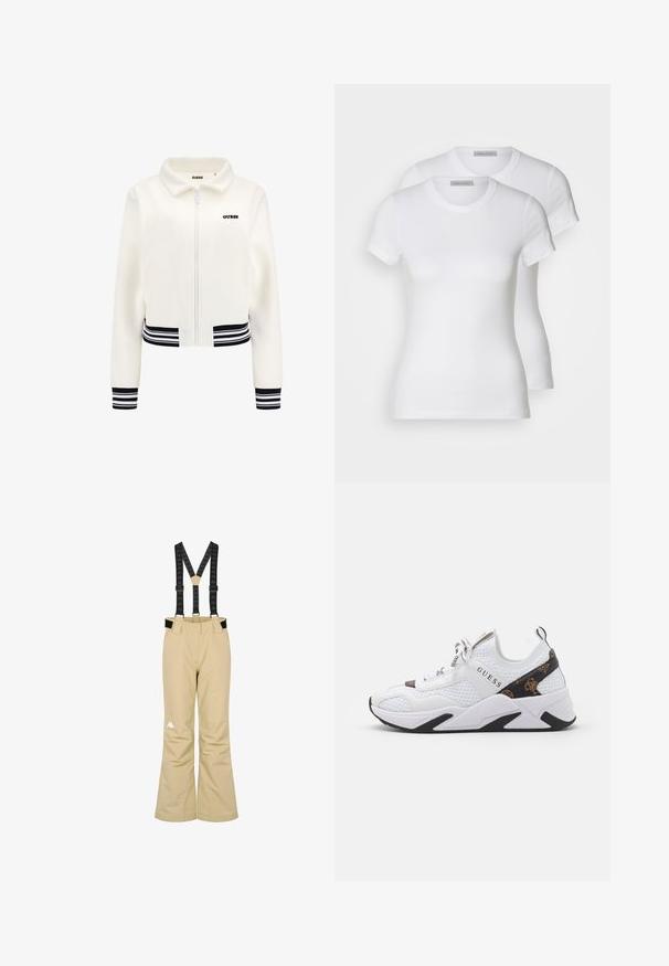 Balta pūkinė striukė su užtrauktuku priekyje, juodai baltomis dryžuotomis rankogaliais ir juosmeniu. Krūtinėje yra juodas „GUESS“ logotipas.; Du du baltos medvilnės trumpomis rankovėmis marškiniai, su apvaliu iškirpimu ir prigludusia siluetu, turintys lygią tekstūrą ir minimalistinį dizainą.; Kreminių spalvos slidinėjimo kelnių su juodais reguliuojamais petnešomis ir balta logo apatinėje kairėje kojoje, skirtų žiemos sportui.; Baltos sportinės bateliai, pagaminti iš tinklinės ir sintetinės medžiagos, su juodais ir rudi akcentais, tekstūruotomis šoninėmis dalimis ir ryškiu logotipu. Guminis padas.