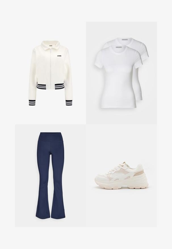 Hvid fleecejakke med lynlås foran, ribbede manchetter og talje i sort og hvid stribe. Har et sort "GUESS"-logo på brystet.; To hvide bomulds t-shirts med korte ærmer, rund halsudskæring og en tætsiddende silhuet, der viser en glat tekstur og et minimalistisk design.; Marineblå flagrende leggings lavet af strækbart stof med høj talje, glat tekstur og uden synlige mønstre eller hardwaredetaljer.; Hvide og lyserøde sneakers med en chunky sål, tekstureret stof, glatte læderdetaljer og dekorative stikninger.