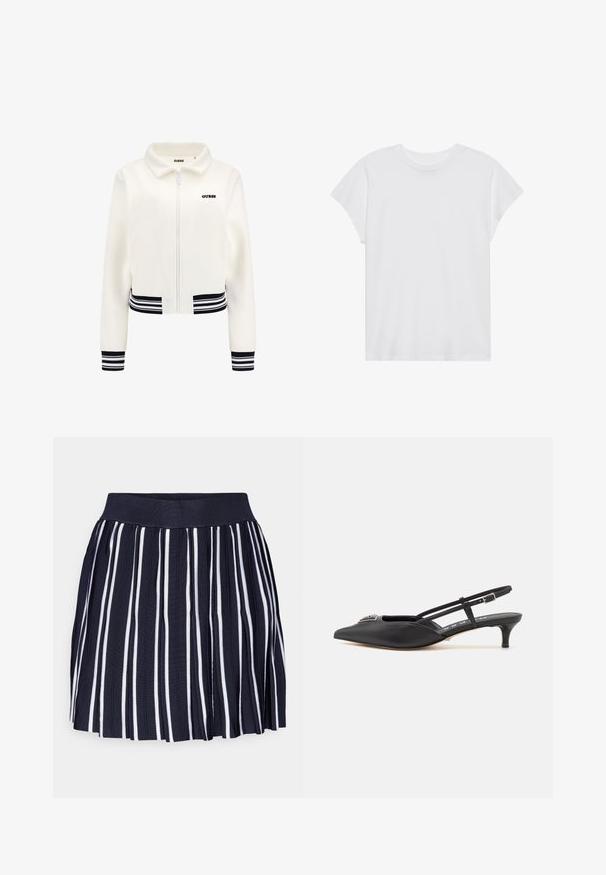 Witte fleece jack met een ritssluiting aan de voorkant, geribbelde zwart-wit gestreepte manchetten en tailleband. Heeft een zwart "GUESS" logo op de borst.; Witte t-shirt met korte mouwen, ronde hals, relaxte pasvorm, gemaakt van zacht katoen. Glad textuur, geen patronen of logo's.; Marineblauwe geplooide rok met witte verticale strepen, elastische tailleband en textuurstof. De zoom eindigt boven de helft van het bovenbeen.; Zwarte slingback schoenen met een puntige neus, gemaakt van glad materiaal, met een kleine hak en een decoratieve zilverkleurige accent op de wreef.