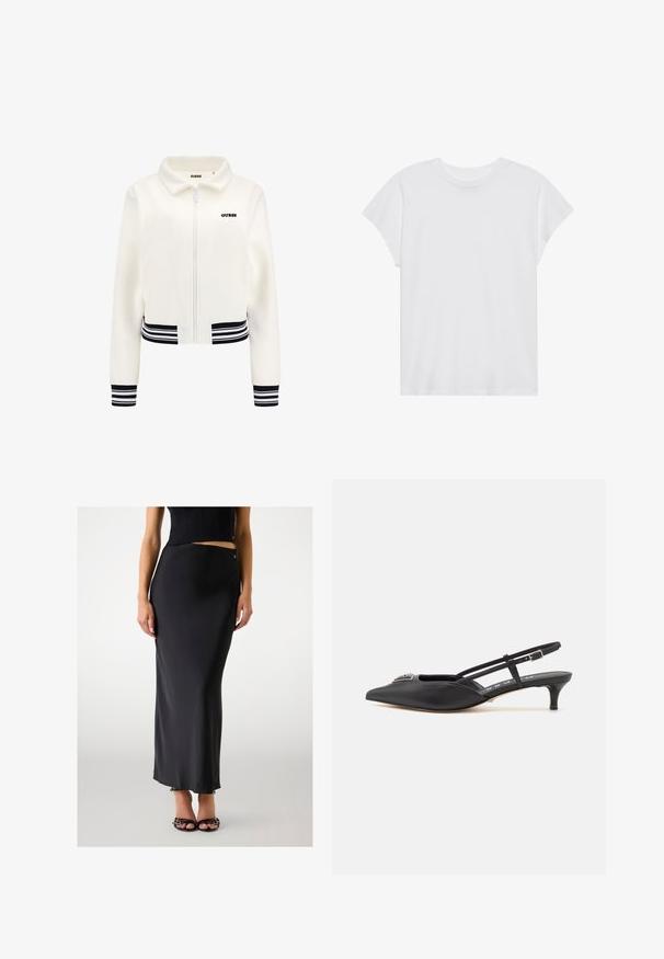 Veste en polaire blanche avec fermeture éclair à l'avant, poignets rayés noirs et blancs côtelés, et ceinture. Présente un logo "GUESS" noir sur la poitrine.; T-shirt blanc à manches courtes, col rond, coupe décontractée, en tissu de coton doux. Texture lisse, sans motifs ni logos.; Jupe longue en satin noir au design épuré, avec un léger éclat et une fente sur le côté, associée à des sandales à talons noires à lanières.; Chaussures noires à talon slingback avec un bout pointu, en matériau lisse, dotées d'un petit talon et d'un accent décoratif en argent sur le dessus.