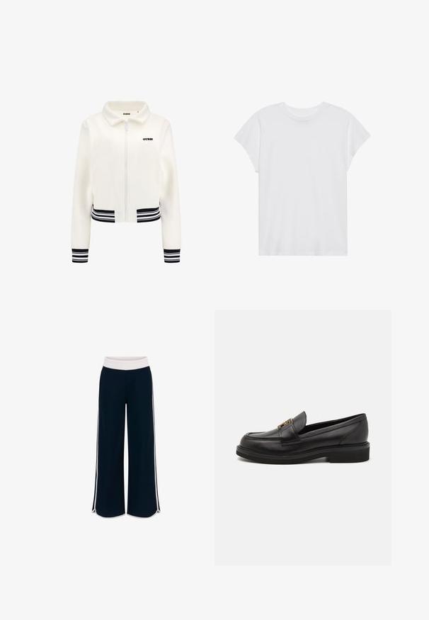 Bijela dukserica od flisa s rajfeslusa, rebrastim crno-bijelim prugastim rukavima i donjim dijelom. Ima crni "GUESS" logo na prsima.; Bijela majica kratkih rukava s okruglim izrezom, opuštenog kroja, izrađena od mekanog pamučnog materijala. Glatka tekstura, bez uzoraka ili logotipa.; Mornarske hlače širokih nogavica s bijelim elastičnim pojasom i kontrastnim bočnim trakama. Glatka tekstura s opuštenim krojem i bočnim prorezima na rubu.; Crni kožni mokasini s okruglim vrhom, šivanim detaljima, zlatnim hardverom i nizkim teksturiranim gumenim potplatom. Glatka, elegantna završna obrada.