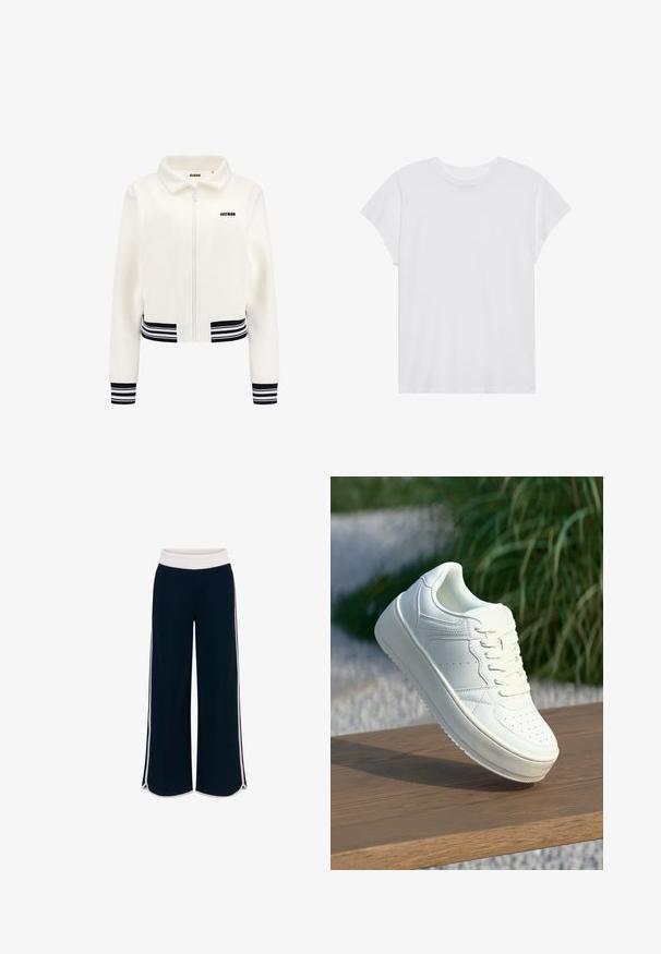 Giacca in pile bianca con zip frontale, polsini e vita a righe nero e bianco. Presenta un logo "GUESS" nero sul petto.; Maglietta bianca a maniche corte con collo rotondo, vestibilità rilassata, realizzata in morbido tessuto di cotone. Texture liscia, senza motivi né loghi.; Pantaloni a gamba larga blu con una cintura elastica bianca e strisce laterali a contrasto. Tessuto morbido con una vestibilità comoda e spacco laterale all'orlo.; Sneaker bianco in pelle con suola piatta, punta arrotondata e accenti perforati. Presenta un laccio frontale e un design minimalista su una superficie di legno.