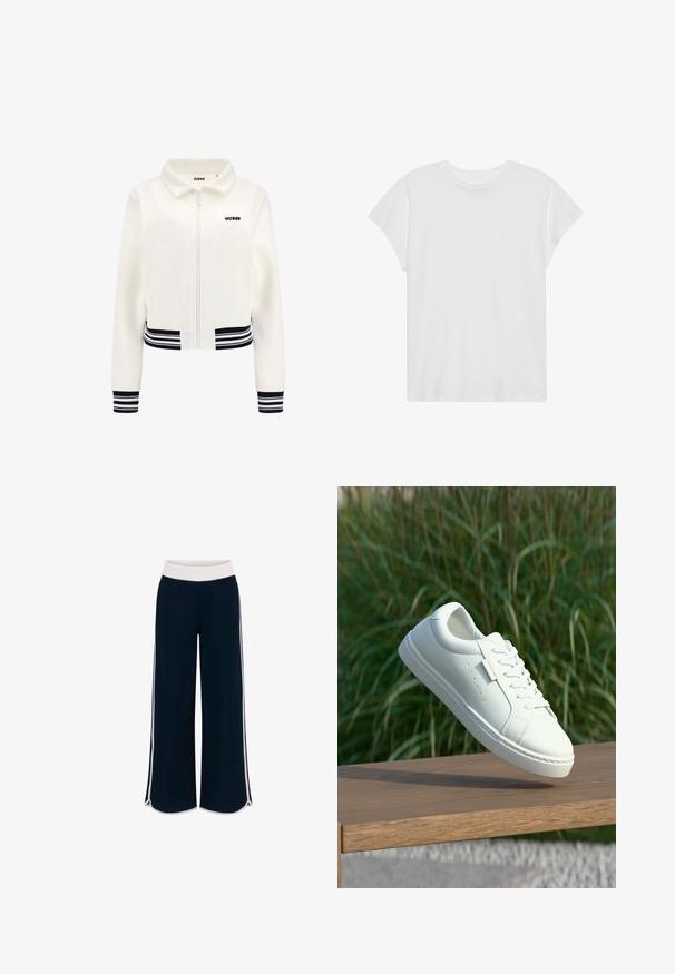 White fleece jacket with a zip front, ribbed black and white striped cuffs, and waistband. Features a black "GUESS" logo on the chest.; White short-sleeve t-shirt with a round neck, relaxed fit, made of soft cotton fabric. Smooth texture, no patterns or logos.; Navy wide-leg pants with a white elastic waistband and contrasting side stripes. Smooth texture with a relaxed fit and side slits at the hem.; White leather sneaker with laces hovering above a wooden bench, green tall grass blurred in the background outdoors.