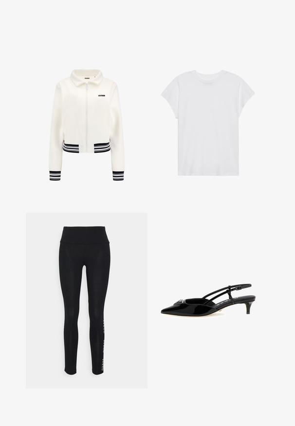 Weiße Fleecejacke mit Reißverschluss, gerippten schwarz-weißen Bündchen und Saum. Mit einem schwarzen "GUESS"-Logo auf der Brust.; Weißes kurzärmliges T-Shirt mit Rundhalsausschnitt, lockerer Passform, aus weichem Baumwollstoff. Glatte Textur, keine Muster oder Logos.; Schwarze Leggings mit hoher Taille, aus glattem Stoff. Mit einem bedruckten Markenlogo an der Seite. Designed für Komfort und Flexibilität.; Schwarze Patentleder Slingback-Pumps, spitze Zehenform, dünner Knöchelriemen mit Schnalle, kleiner Absatz und dekorative Verzierungen am Blatt.