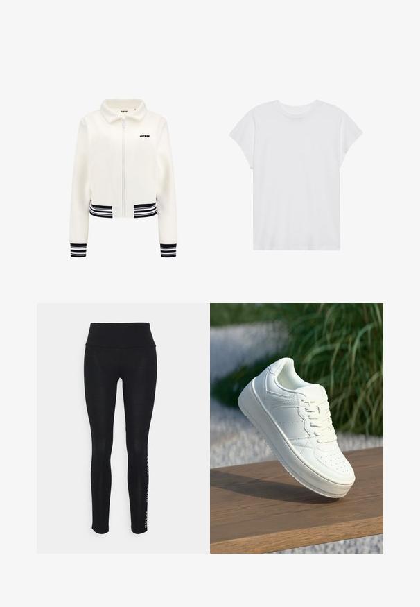 Giacca in pile bianca con zip frontale, polsini e vita a righe nero e bianco. Presenta un logo "GUESS" nero sul petto.; Maglietta bianca a maniche corte con collo rotondo, vestibilità rilassata, realizzata in morbido tessuto di cotone. Texture liscia, senza motivi né loghi.; Leggings neri con vita alta, realizzati in tessuto morbido. Presentano un logo del brand stampato sul lato. Progettati per comfort e flessibilità.; Sneaker bianco in pelle con suola piatta, punta arrotondata e accenti perforati. Presenta un laccio frontale e un design minimalista su una superficie di legno.