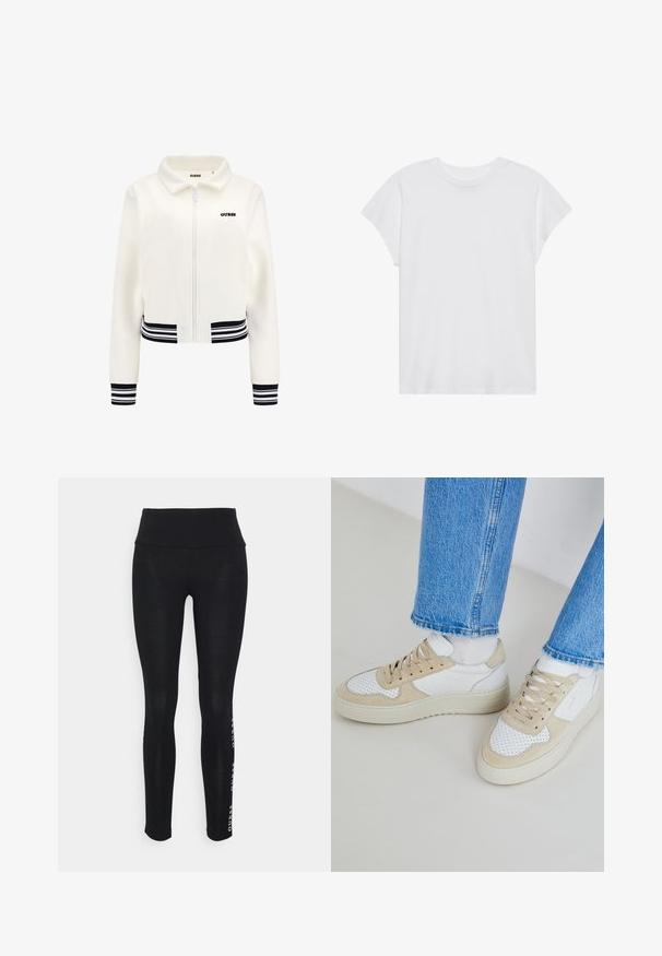 Valge fleece jakk, millel on lukuga eesmine osa, ribitekkidest must-valged mansetid ja vöökoht. Rinna kohal on must "GUESS" logo.; Valge lühikeste varrukatega T-särk ümmarguse kaelusega, lõdnema sobivusega, valmistatud pehmest puuvillakangasest. Sile tekstuur, ilma mustrite ja logodeta.; Musta kõrge vöökohaga legginsid, valmistatud siledast kangast. Tootel on küljes trükitud kaubamärgi logo. Suunatud mugavusele ja paindlikkusele.; Valged ja beeži värvi sneakersid, millel on perforatsioonid, sujuv nahast pealmine osa ja paks kummist tald. Sobivad helesiniste teksadega.