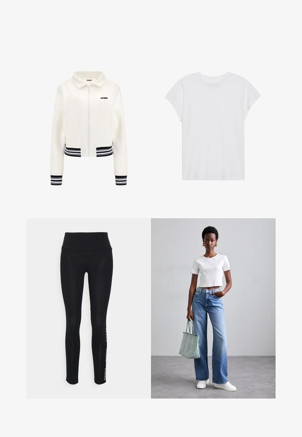 Bílý fleecový kabát se zipem vpředu, pružnými černobílými pruhovanými manžetami a pasem. Na hrudi se nachází černé logo "GUESS".; Bílá krátkosrstá tričko s kulatým výstřihem, volný střih, vyrobené z měkké bavlněné tkaniny. Hladký povrch, bez vzorů nebo log.; Černé legíny s vysokým pasem, vyrobené z hladké tkaniny. Obsahují potisk značkového loga na boku. Navrženy pro pohodlí a flexibilitu.; Bílý proužkovaný krátký tričko, světle modré široké džíny a bílé tenisky. Drží zelenou a bílou pruhovanou tašku.