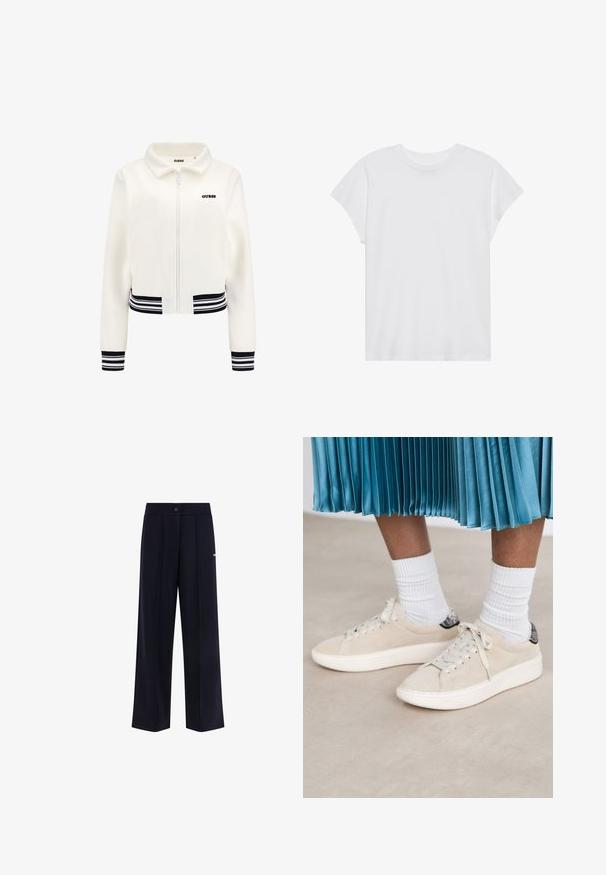 Witte fleece jack met een ritssluiting aan de voorkant, geribbelde zwart-wit gestreepte manchetten en tailleband. Heeft een zwart "GUESS" logo op de borst.; Witte t-shirt met korte mouwen, ronde hals, relaxte pasvorm, gemaakt van zacht katoen. Glad textuur, geen patronen of logo's.; Wijdbeenbroek in donkerblauwe stof, met een knoopsluiting, voorplooien en een subtiele logo-accent aan de zijkant.; Beige suède sneakers met een witte rubberen zool en een vetersluiting. Geaccentueerd met een gestructureerde zwarte achtertab. Draag met witte geribbelde sokken.