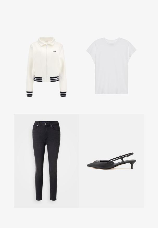 Fehér plüss kabát, elöl cipzárral, bordázott fekete-fehér csíkos mandzsettákkal és derékrészzel. A mellkasán fekete "GUESS" logó található.; Fehér, rövid ujjú póló, kerek nyakkivágással, laza szabású, puha pamut anyagból készült. Sima felület, nincs rajta minta vagy logó.; Fekete skinny farmernadrág, klasszikus öt zsebes dizájnnal, elülső gombos záródással és diszkrét varrási részletekkel.; Fekete, sarokba húzós cipők, hegyes orral, sima anyagból készült, kis sarokkal és díszes ezüst részlettel a lábfej részen.