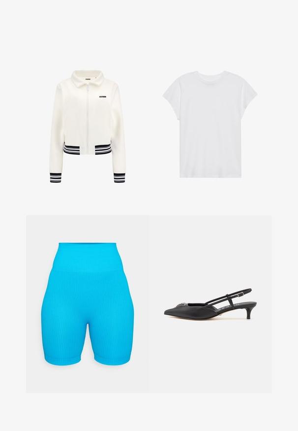 Vit fleecjacka med zip-förslutning, ribbade svart och vita randiga ärmslut och midja. Har en svart "GUESS"-logotyp på bröstet.; Vit kortärmad t-shirt med rund halsringning, avslappnad passform, tillverkad av mjukt bomullstyg. Slät textur, inga mönster eller logotyper.; Ribbad högmidjade shorts i starkblått, med en tight design och slät textur. Korta längd, med en bekväm elastisk midja.; Svarta slingback-skor med spetsig tå, tillverkade av ett slätt material, med en liten klack och en dekorativ silverdetalj på framfoten.