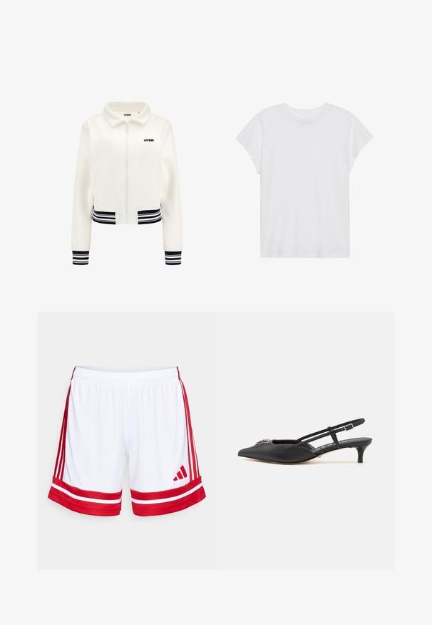 Veste en polaire blanche avec fermeture éclair à l'avant, poignets rayés noirs et blancs côtelés, et ceinture. Présente un logo "GUESS" noir sur la poitrine.; T-shirt blanc à manches courtes, col rond, coupe décontractée, en tissu de coton doux. Texture lisse, sans motifs ni logos.; Shorts de sport blancs avec des rayures et une bordure rouges sur les côtés. Ils ont une taille élastique et le logo Adidas en rouge sur le bas à gauche.; Chaussures noires à talon slingback avec un bout pointu, en matériau lisse, dotées d'un petit talon et d'un accent décoratif en argent sur le dessus.