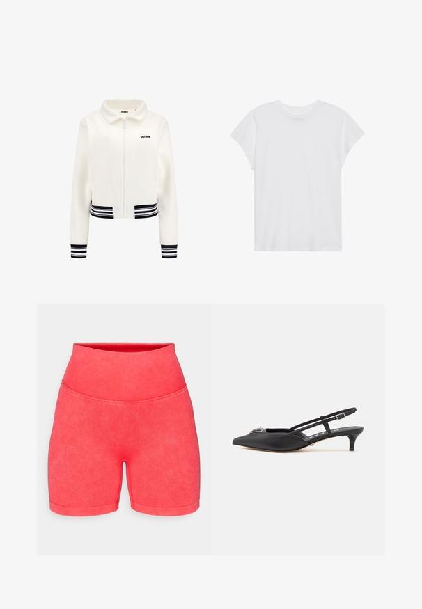 Biele fleecová bunda so zipsom vpredu, rebrované čierno-biele pruhy na rukávoch a pásiku. Na hrudi sa nachádza čierne logo "GUESS".; Biela krátka rukávová tričko s okrúhlym výstrihom, voľný strih, vyrobené z jemnej bavlnenej látky. Hladká textúra, bez vzorov alebo log.; Ružové športové šortky s vysokým pásom, vyrobené z hladkého, elastického materiálu. Majú jednofarebný a bezšvový dizajn bez ozdôb.; Čierne slingback topánky s ostrou špičkou, vyrobené z hladkého materiálu, so malým podpätkom a dekoratívnym strieborným akcentom na priehlavku.