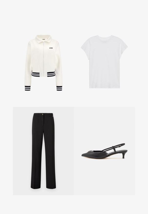 Weiße Fleecejacke mit Reißverschluss, gerippten schwarz-weißen Bündchen und Saum. Mit einem schwarzen "GUESS"-Logo auf der Brust.; Weißes kurzärmliges T-Shirt mit Rundhalsausschnitt, lockerer Passform, aus weichem Baumwollstoff. Glatte Textur, keine Muster oder Logos.; Schwarze maßgeschneiderte Hosen mit geradem Bein, ausgestattet mit einer dezenten Struktur, einer vorderen Knopfschließe und einem klassischen Schnitt.; Schwarze Slingback-Schuhe mit einer spitzen Zehe, aus glattem Material gefertigt, mit einem kleinen Absatz und einem dekorativen silbernen Akzent auf dem Blatt.