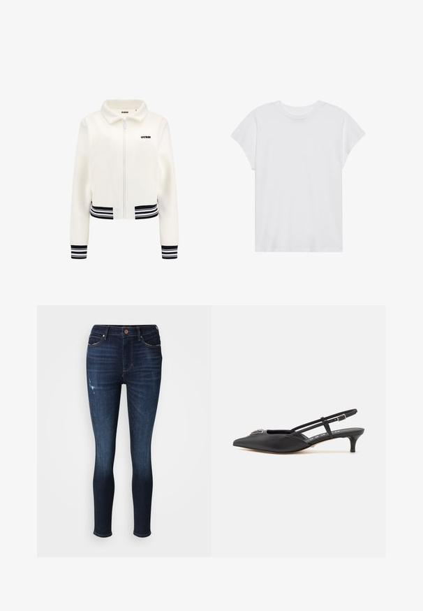 Fehér plüss kabát, elöl cipzárral, bordázott fekete-fehér csíkos mandzsettákkal és derékrészzel. A mellkasán fekete "GUESS" logó található.; Fehér, rövid ujjú póló, kerek nyakkivágással, laza szabású, puha pamut anyagból készült. Sima felület, nincs rajta minta vagy logó.; Sötétkék farmer skinny farmernadrág, amelyen enyhe mosott hatás és kisebb kopások találhatók az elején. Klasszikus öt zsebes dizájn és övhurkok.; Fekete, sarokba húzós cipők, hegyes orral, sima anyagból készült, kis sarokkal és díszes ezüst részlettel a lábfej részen.