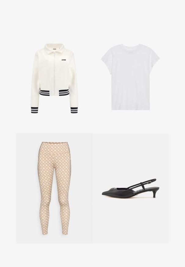 Weiße Fleecejacke mit Reißverschluss, gerippten schwarz-weißen Bündchen und Saum. Mit einem schwarzen "GUESS"-Logo auf der Brust.; Weißes kurzärmliges T-Shirt mit Rundhalsausschnitt, lockerer Passform, aus weichem Baumwollstoff. Glatte Textur, keine Muster oder Logos.; Beige Leggings mit einem sich wiederholenden weißen geometrischen Muster, ausgestattet mit einem hohen Bund und einem figurbetonten Design, gefertigt aus weichem Stretchstoff.; Schwarze Slingback-Schuhe mit einer spitzen Zehe, aus glattem Material gefertigt, mit einem kleinen Absatz und einem dekorativen silbernen Akzent auf dem Blatt.