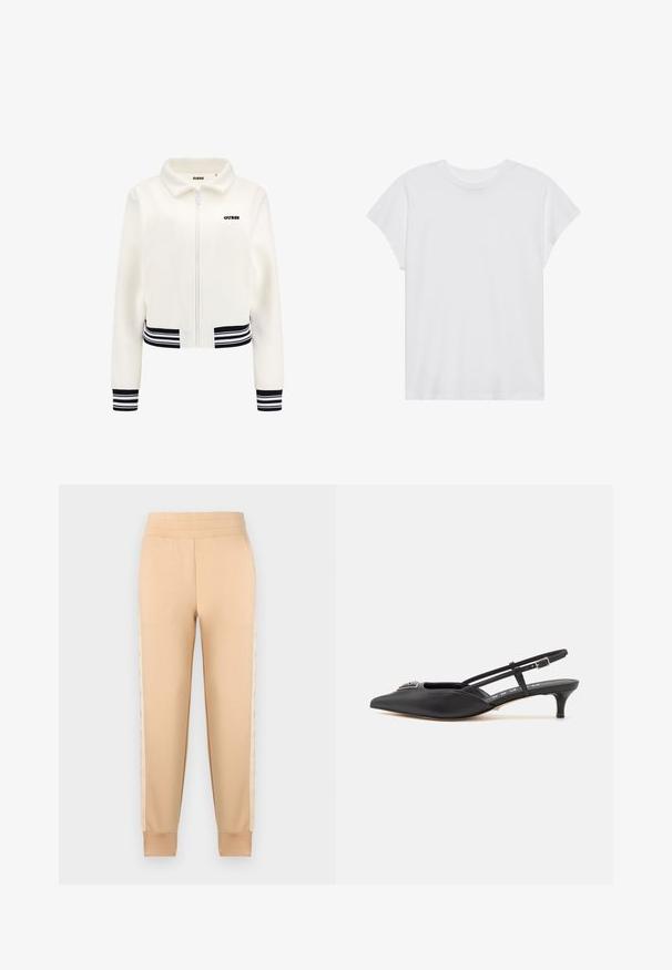 Balta pūkinė striukė su užtrauktuku priekyje, juodai baltomis dryžuotomis rankogaliais ir juosmeniu. Krūtinėje yra juodas „GUESS“ logotipas.; Balta trumpų rankovių marškinėliai su apvalia iškirpte, laisvo kirpimo, pagaminti iš minkštos medvilnės. Lygi tekstūra, be raštų ar logotipų.; Kremo spalvos sportinės kelnės su sklandžiu tekstūru, turinčios siaurėjantį dizainą, elastinį juosmenį ir raštuotas šonines juostas.; Juodi slingback batai su smailiu pirštu, pagaminti iš lygaus medžiagos, turintys mažą kulniuką ir dekoratyvų sidabrinį akcentą ant avikailio.