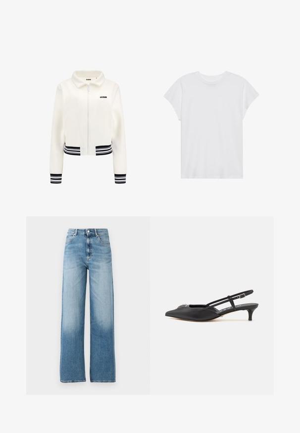 Fehér plüss kabát, elöl cipzárral, bordázott fekete-fehér csíkos mandzsettákkal és derékrészzel. A mellkasán fekete "GUESS" logó található.; Fehér, rövid ujjú póló, kerek nyakkivágással, laza szabású, puha pamut anyagból készült. Sima felület, nincs rajta minta vagy logó.; Világoskék, széles szárú farmernadrág magas derékkal. Denim anyagból készült, gombos záródással és öt zsebbel. Az alján elhalványodik.; Fekete, sarokba húzós cipők, hegyes orral, sima anyagból készült, kis sarokkal és díszes ezüst részlettel a lábfej részen.