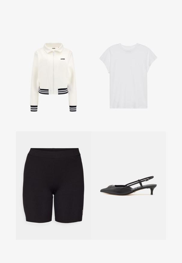Biała polarowa kurtka z zamkiem z przodu, z prążkowanymi czarno-białymi mankietami i pasem. Na klatce piersiowej znajduje się czarny logotyp "GUESS".; Biała koszulka z krótkim rękawem, okrągłym dekoltem, luźny krój, wykonana z miękkiej bawełny. Gładka tekstura, bez wzorów ani logo.; Czarne rowerowe szorty z prążkowanej tkaniny o dopasowanym kroju i gładkim pasku w talii. Posiada delikatne przeszycia oraz małą metkę z logo po boku.; Czarne buty typu slingback z ostrym noskiem, wykonane z gładkiego materiału, z małym obcasem i dekoracyjnym srebrnym akcentem na wierzchu.
