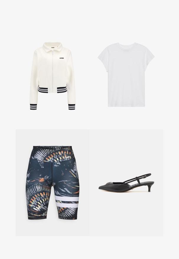 Bela flis jakna z zadrgo spredaj, rebrasti črno-beli trakovi na manšetah in pasu. Opremljena je s črnim logotipom "GUESS" na prsih.; Bela kratka majica s kratkimi rokavi in okroglim izrezom, sproščenega kroja, izdelana iz mehkega bombažnega materiala. Gladka tekstura, brez vzorcev ali logotipov.; Črne atletske kratke hlače z barvnim abstraktnim vzorcem. Vključujeta dve beli vodoravni črti blizu roba. Narejene so iz raztegljivega materiala.; Črne slingback čevlje s koničastim nosom, izdelane iz gladkega materiala, z manjšim peto in dekorativnim srebrnim dodatkom na zgornjem delu.