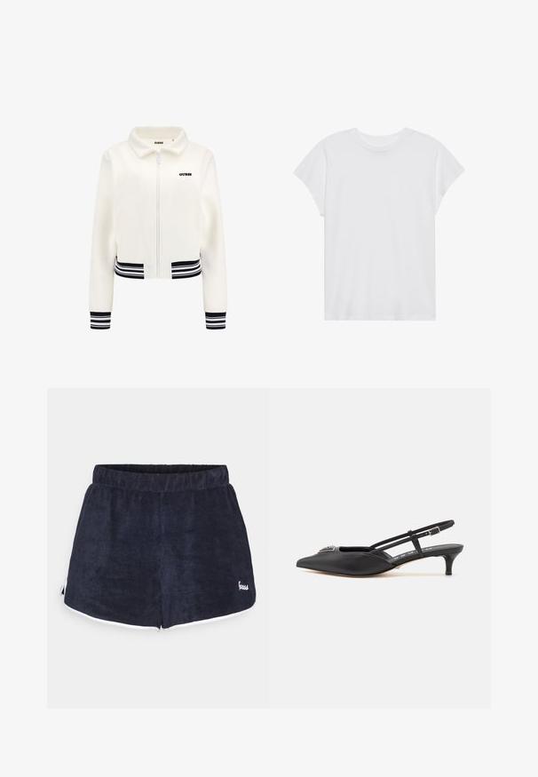Fehér plüss kabát, elöl cipzárral, bordázott fekete-fehér csíkos mandzsettákkal és derékrészzel. A mellkasán fekete "GUESS" logó található.; Fehér, rövid ujjú póló, kerek nyakkivágással, laza szabású, puha pamut anyagból készült. Sima felület, nincs rajta minta vagy logó.; Sötétkék frottír rövidnadrág, puha tapintással, fehér díszítéssel és egy kis logóval a jobb alsó sarokban. Gumis derék.; Fekete, sarokba húzós cipők, hegyes orral, sima anyagból készült, kis sarokkal és díszes ezüst részlettel a lábfej részen.
