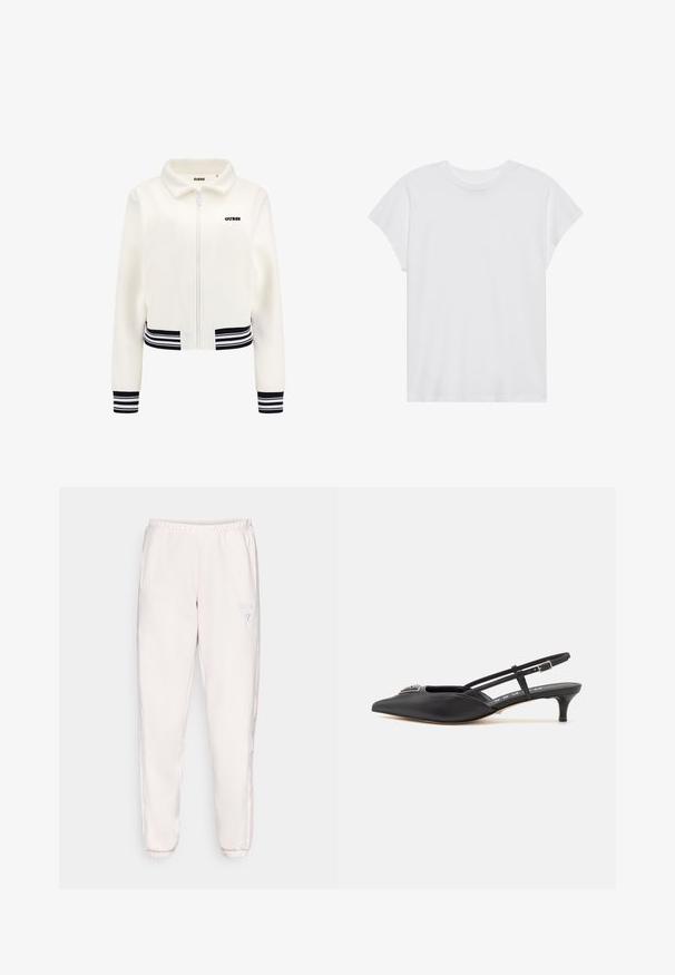 Fehér plüss kabát, elöl cipzárral, bordázott fekete-fehér csíkos mandzsettákkal és derékrészzel. A mellkasán fekete "GUESS" logó található.; Fehér, rövid ujjú póló, kerek nyakkivágással, laza szabású, puha pamut anyagból készült. Sima felület, nincs rajta minta vagy logó.; Világos rózsaszín melegítőnadrág puha anyagból, elasztikus derékrésszel, oldalsó csíkokkal és egy kis logóval a bal combon.; Fekete, sarokba húzós cipők, hegyes orral, sima anyagból készült, kis sarokkal és díszes ezüst részlettel a lábfej részen.