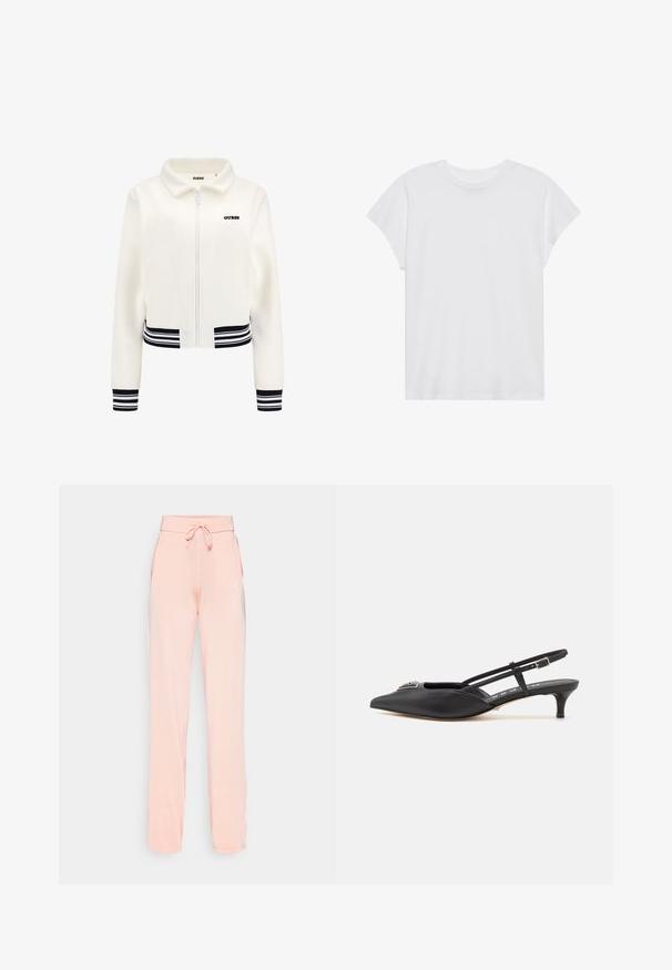 Balta vilnas jakas ar priekšējām rāvējslēdzēja aizdares, ribotām melnbaltām striķēm uz piedurknēm un jostu. Uz krūtīm ir melns "GUESS" logotips.; Balta īsām piedurknēm T-kreklā ar apaļu kakla izgriezumu, brīvā griezumā, izgatavota no mīksta kokvilnas auduma. Gluda tekstūra, bez rakstiem vai logo.; Persiku krāsas sporta bikses, kas izgatavotas no mīksta auduma, ar aukliņu jostasvietā, sānu kabatām un vienkāršu logo kreisajā pusē.; Melnas slingback apavus ar smailu purngalu, izgatavoti no gludas materiāla, ar mazu papēdi un dekoratīvu sudraba akcentu uz priekšpuses.