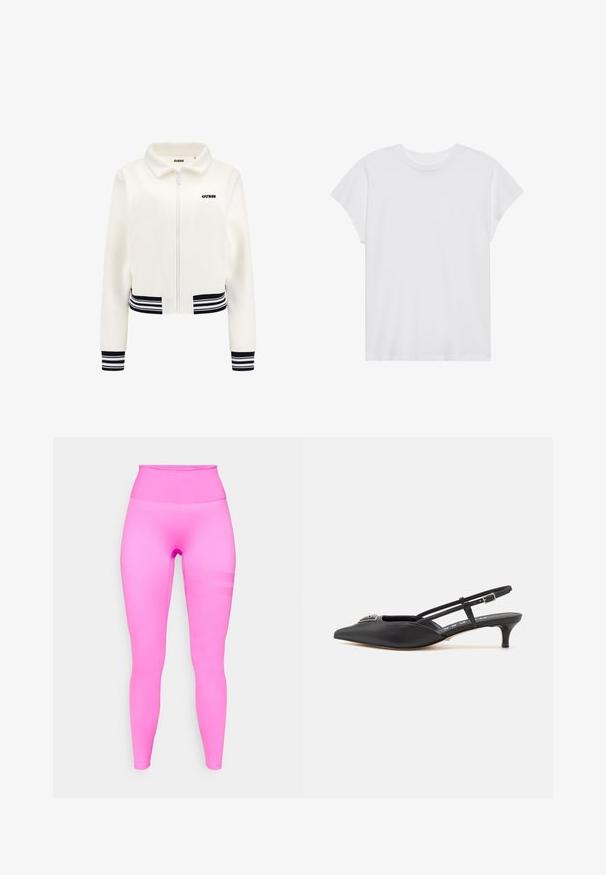 Valge fleece jakk, millel on lukuga eesmine osa, ribitekkidest must-valged mansetid ja vöökoht. Rinna kohal on must "GUESS" logo.; Valge lühikeste varrukatega T-särk ümmarguse kaelusega, lõdnema sobivusega, valmistatud pehmest puuvillakangasest. Sile tekstuur, ilma mustrite ja logodeta.; Kitsad kõrge vöökohtadega legginsid erksas roosas värvuses. Sile ja veniv kangas koos peene tekstuuriga triibudetailiga küljel.; Mustad musta rihmaga kingad terava ninaga, valmistatud siledast materjalist, väikese kontsaga ja kaunistava hõbedase aksessuaari ning sillerdava pealsega.