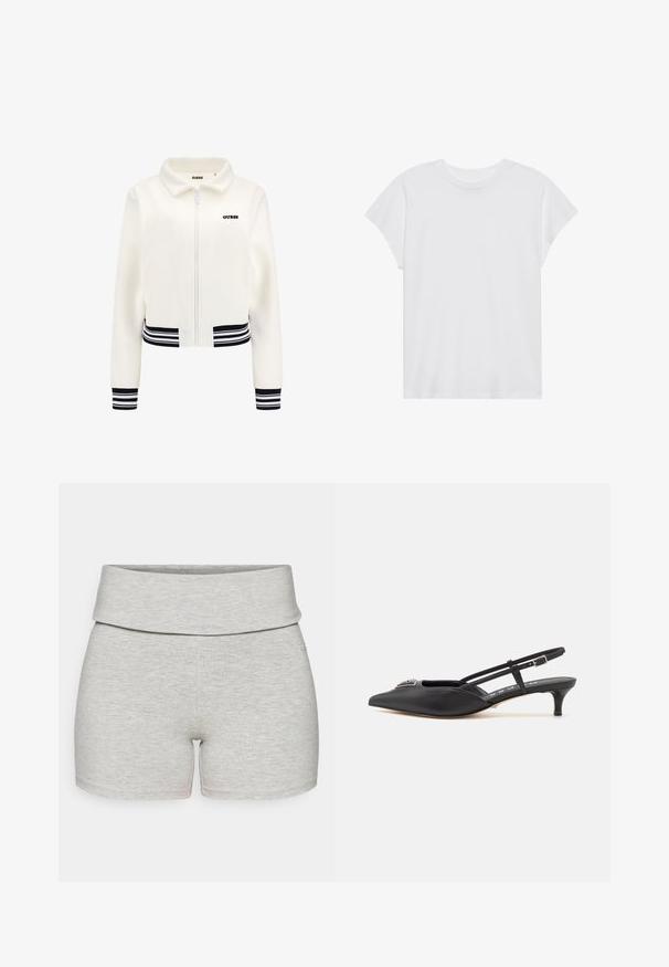 Biele fleecová bunda so zipsom vpredu, rebrované čierno-biele pruhy na rukávoch a pásiku. Na hrudi sa nachádza čierne logo "GUESS".; Biela krátka rukávová tričko s okrúhlym výstrihom, voľný strih, vyrobené z jemnej bavlnenej látky. Hladká textúra, bez vzorov alebo log.; Svetlošedé bavlnené šortky so širokým, prehnutým pásom. Hladká textúra, priliehavý strih a žiadne viditeľné vrecká ani ďalšie detaily.; Čierne slingback topánky s ostrou špičkou, vyrobené z hladkého materiálu, so malým podpätkom a dekoratívnym strieborným akcentom na priehlavku.