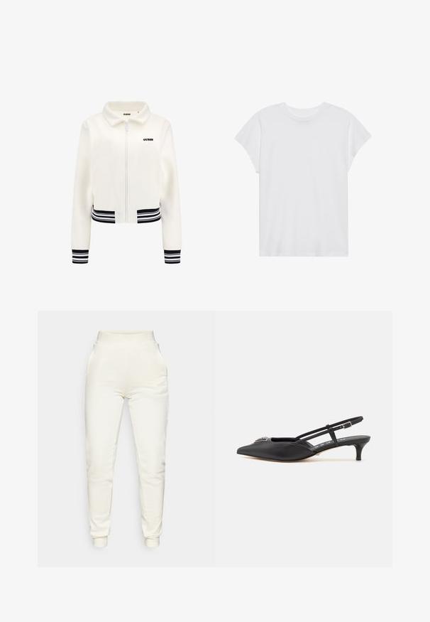 Veste en polaire blanche avec fermeture éclair à l'avant, poignets rayés noirs et blancs côtelés, et ceinture. Présente un logo "GUESS" noir sur la poitrine.; T-shirt blanc à manches courtes, col rond, coupe décontractée, en tissu de coton doux. Texture lisse, sans motifs ni logos.; Guess STACIE JOGGER - Pantalon de survêtement - dove white; Chaussures noires à talon slingback avec un bout pointu, en matériau lisse, dotées d'un petit talon et d'un accent décoratif en argent sur le dessus.