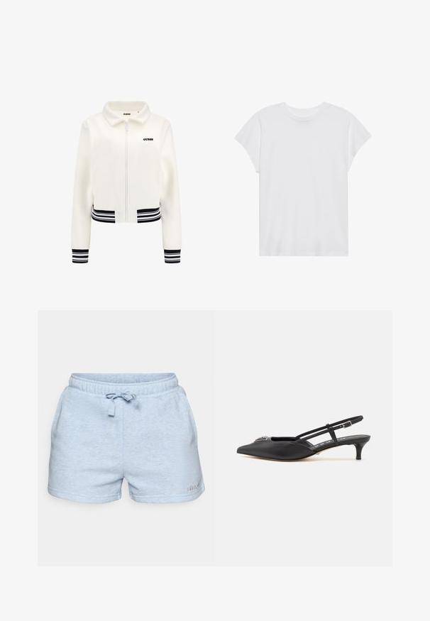 Balta vilnas jakas ar priekšējām rāvējslēdzēja aizdares, ribotām melnbaltām striķēm uz piedurknēm un jostu. Uz krūtīm ir melns "GUESS" logotips.; Balta īsām piedurknēm T-kreklā ar apaļu kakla izgriezumu, brīvā griezumā, izgatavota no mīksta kokvilnas auduma. Gluda tekstūra, bez rakstiem vai logo.; Gaiši zili kokvilnas šorti ar elastīgu jostasvietu, regulējamu auklu un sānu kabatām. Mīksts audums ar šūtu apdari.; Melnas slingback apavus ar smailu purngalu, izgatavoti no gludas materiāla, ar mazu papēdi un dekoratīvu sudraba akcentu uz priekšpuses.