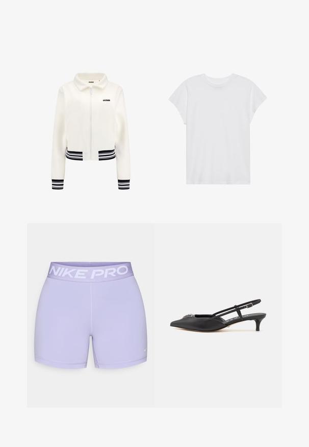 Bijela dukserica od flisa s rajfeslusa, rebrastim crno-bijelim prugastim rukavima i donjim dijelom. Ima crni "GUESS" logo na prsima.; Bijela majica kratkih rukava s okruglim izrezom, opuštenog kroja, izrađena od mekanog pamučnog materijala. Glatka tekstura, bez uzoraka ili logotipa.; Ljubičasti sportski šortsevi s širokim elastičnim pojasom na kojem piše "NIKE PRO" u bijelom. Izrađeni od glatkog, rastezljivog materijala za udobnost.; Crne slingback cipele s oštrim vrhom, izrađene od glatkog materijala, sa malim potpeticama i dekorativnim srebrnim detaljem na gornjem dijelu.