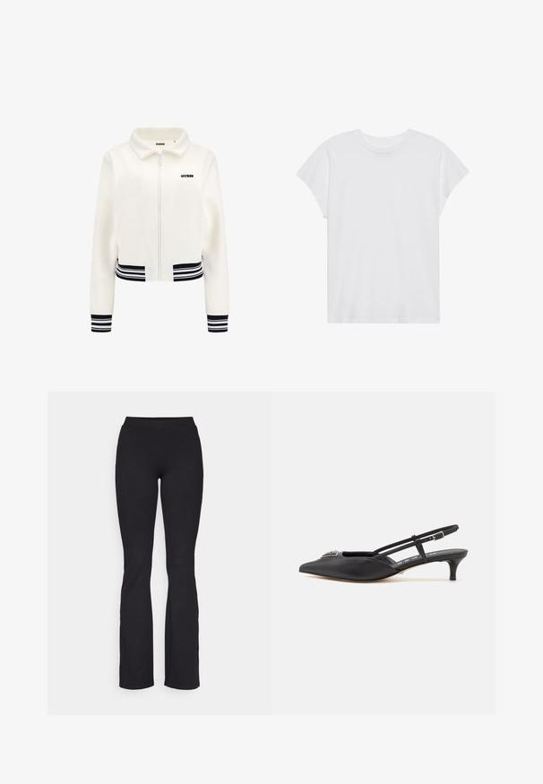 Witte fleece jack met een ritssluiting aan de voorkant, geribbelde zwart-wit gestreepte manchetten en tailleband. Heeft een zwart "GUESS" logo op de borst.; Witte t-shirt met korte mouwen, ronde hals, relaxte pasvorm, gemaakt van zacht katoen. Glad textuur, geen patronen of logo's.; Zwarte geribbelde flared leggings met een aansluitende taille en een textuurstof, voorzien van een gladde tailleband en een flared zoom.; Zwarte slingback schoenen met een puntige neus, gemaakt van glad materiaal, met een kleine hak en een decoratieve zilverkleurige accent op de wreef.