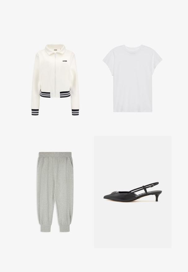 White fleece jacket with a zip front, ribbed black and white striped cuffs, and waistband. Features a black "GUESS" logo on the chest.; White short-sleeve t-shirt with a round neck, relaxed fit, made of soft cotton fabric. Smooth texture, no patterns or logos.; Gray jogger pants made of soft, textured fabric. Features an elastic waistband, side pockets, and tapered cuffs at the ankles.; Black slingback shoes with a pointed toe, made of smooth material, featuring a small heel and a decorative silver accent on the vamp.
