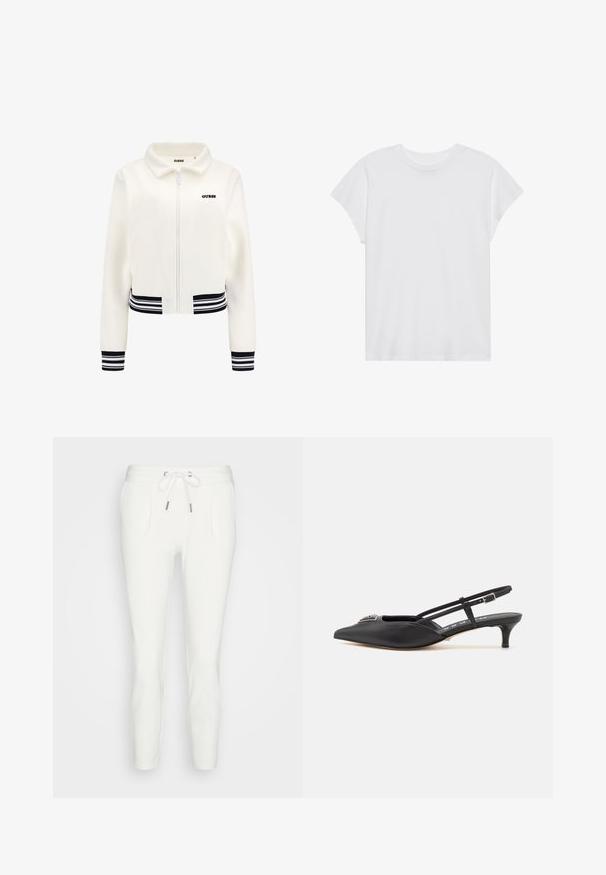 Bijela dukserica od flisa s rajfeslusa, rebrastim crno-bijelim prugastim rukavima i donjim dijelom. Ima crni "GUESS" logo na prsima.; Bijela majica kratkih rukava s okruglim izrezom, opuštenog kroja, izrađena od mekanog pamučnog materijala. Glatka tekstura, bez uzoraka ili logotipa.; Bijele trenirke od mekanog materijala, s vezicom u struku, dva bočna džepa i suženim krojem bez vidljivih uzoraka ili akcenta.; Crne slingback cipele s oštrim vrhom, izrađene od glatkog materijala, sa malim potpeticama i dekorativnim srebrnim detaljem na gornjem dijelu.