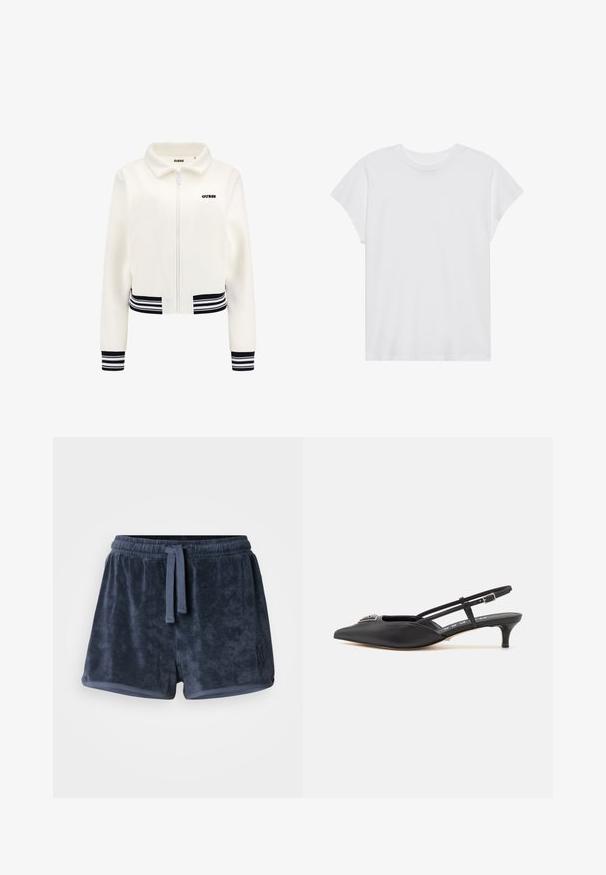 Jachetă albă din fleecă cu fermoar în față, cu manșete și talie cu dungi negre și albe. Prezintă un logo „GUESS” negru pe piept.; Tricou scurt alb, cu mânecă scurtă și guler rotund, cu o croială relaxată, realizat dintr-un material din bumbac moale. Textură netedă, fără modele sau logo-uri.; Pantaloni scurți din țesătură de frotir de culoare albastru marin, cu talie elastică, șnur ajustabil și un mic logo brodat pe lateral. Textură moale.; Pantofi slingback negri cu vârf ascuțit, realizați dintr-un material neted, având un toc mic și un accent decorativ argintiu pe pieptul piciorului.