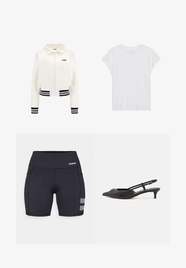 Jachetă albă din fleecă cu fermoar în față, cu manșete și talie cu dungi negre și albe. Prezintă un logo „GUESS” negru pe piept.; Tricou scurt alb, cu mânecă scurtă și guler rotund, cu o croială relaxată, realizat dintr-un material din bumbac moale. Textură netedă, fără modele sau logo-uri.; Shorts atletici negri din material elastic. Au cusături plate, un talie înaltă și accente din plasă aproape de tiv. Logo-ul mărcii este afișat.; Pantofi slingback negri cu vârf ascuțit, realizați dintr-un material neted, având un toc mic și un accent decorativ argintiu pe pieptul piciorului.