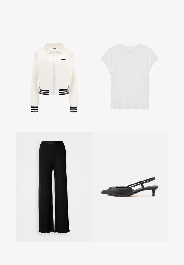 Chaqueta de forro polar blanca con cierre frontal, puños a rayas negras y blancas con relieve, y cinturilla. Presenta un logo negro de "GUESS" en el pecho.; Camiseta blanca de manga corta con cuello redondo, corte relajado, hecha de suave tela de algodón. Textura lisa, sin estampados ni logotipos.; Pantalones de pierna ancha negros con una cintura lisa, que presentan sutiles rayas verticales y dobladillos en forma de ola para añadir textura y detalle.; Zapatos slingback negros con punta afilada, hechos de material suave, con un pequeño tacón y un acento decorativo plateado en el empeine.