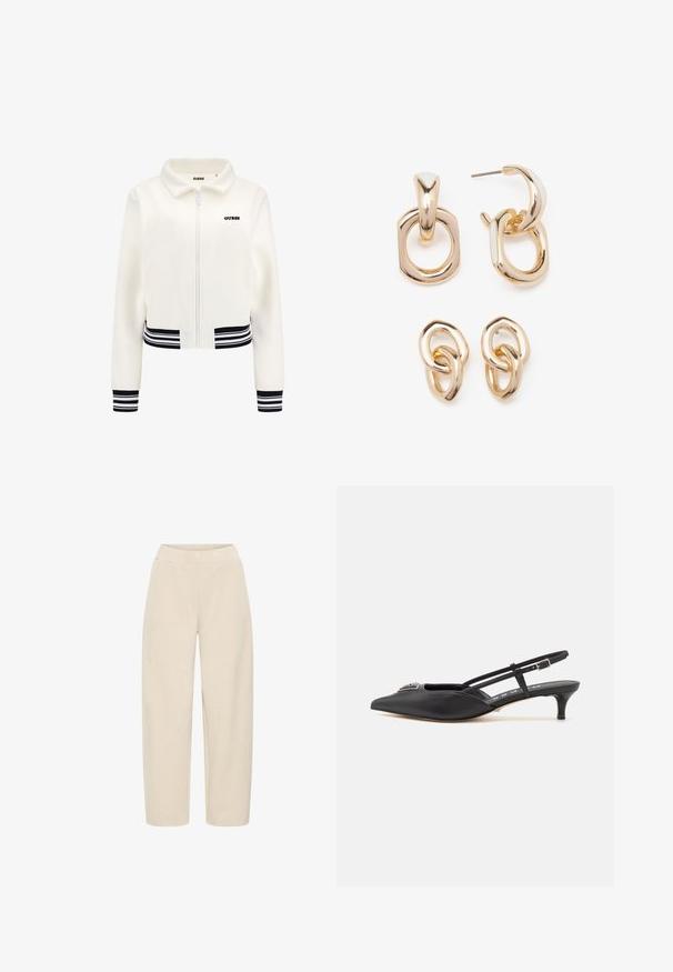 White fleece jacket with a zip front, ribbed black and white striped cuffs, and waistband. Features a black "GUESS" logo on the chest.; White short-sleeve t-shirt with a round neck, relaxed fit, made of soft cotton fabric. Smooth texture, no patterns or logos.; Beige wide-leg pants with an elastic waistband. Made from soft, textured fabric, featuring a smooth finish and no additional patterns.; Black slingback shoes with a pointed toe, made of smooth material, featuring a small heel and a decorative silver accent on the vamp.; Gold-toned earrings featuring a mix of geometric shapes: a square, circle, and linked oval designs with a polished finish.