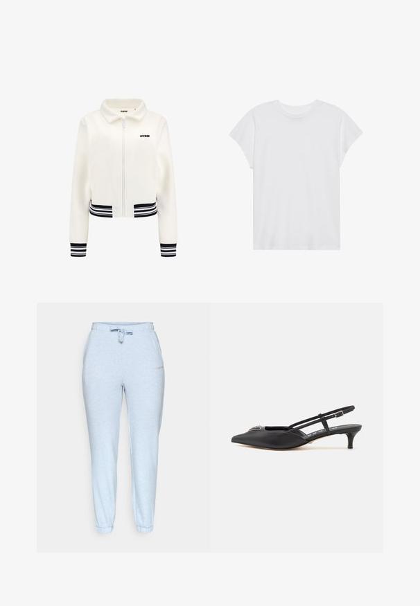 Fehér plüss kabát, elöl cipzárral, bordázott fekete-fehér csíkos mandzsettákkal és derékrészzel. A mellkasán fekete "GUESS" logó található.; Fehér, rövid ujjú póló, kerek nyakkivágással, laza szabású, puha pamut anyagból készült. Sima felület, nincs rajta minta vagy logó.; Világoskék melegítőnadrág, elasztikus derékrésszel és zsinórral. Oldalsó zsebekkel és szűkített szárakkal a bokánál. Puha szövettextúra.; Fekete, sarokba húzós cipők, hegyes orral, sima anyagból készült, kis sarokkal és díszes ezüst részlettel a lábfej részen.