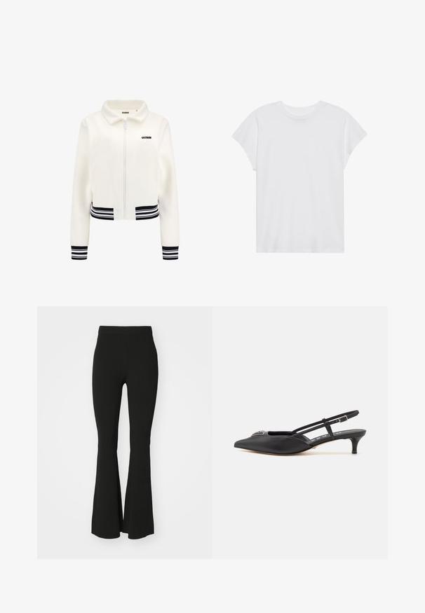 Jachetă albă din fleecă cu fermoar în față, cu manșete și talie cu dungi negre și albe. Prezintă un logo „GUESS” negru pe piept.; Tricou scurt alb, cu mânecă scurtă și guler rotund, cu o croială relaxată, realizat dintr-un material din bumbac moale. Textură netedă, fără modele sau logo-uri.; Pantaloni negri evazați, confecționați dintr-un material elastic, având talie înaltă și o suprafață netedă, fără embellishments. Design simplu și ajustat.; Pantofi slingback negri cu vârf ascuțit, realizați dintr-un material neted, având un toc mic și un accent decorativ argintiu pe pieptul piciorului.