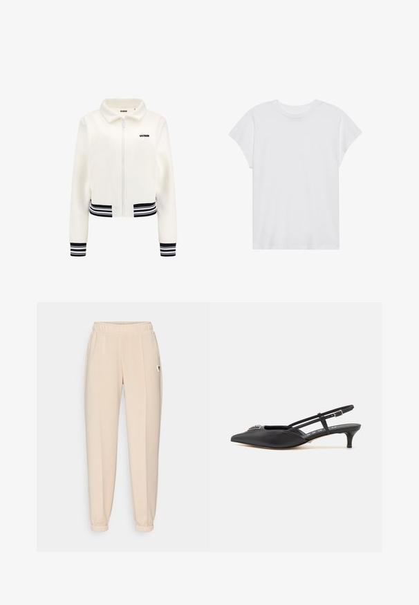White fleece jacket with a zip front, ribbed black and white striped cuffs, and waistband. Features a black "GUESS" logo on the chest.; White short-sleeve t-shirt with a round neck, relaxed fit, made of soft cotton fabric. Smooth texture, no patterns or logos.; Beige tapered joggers made of soft fabric, featuring an elastic waistband, cuffed ankles, and a small logo accent on the hip.; Black slingback shoes with a pointed toe, made of smooth material, featuring a small heel and a decorative silver accent on the vamp.