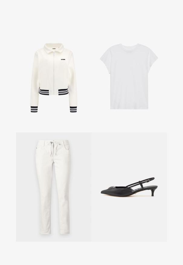 Weiße Fleecejacke mit Reißverschluss, gerippten schwarz-weißen Bündchen und Saum. Mit einem schwarzen "GUESS"-Logo auf der Brust.; Weißes kurzärmliges T-Shirt mit Rundhalsausschnitt, lockerer Passform, aus weichem Baumwollstoff. Glatte Textur, keine Muster oder Logos.; Weiße, figurbetonte Hose mit Kordelzug-Taille, Fronttaschen und glatter Textur. Eignet sich für legere Anlässe oder entspannte Umgebungen.; Schwarze Slingback-Schuhe mit einer spitzen Zehe, aus glattem Material gefertigt, mit einem kleinen Absatz und einem dekorativen silbernen Akzent auf dem Blatt.