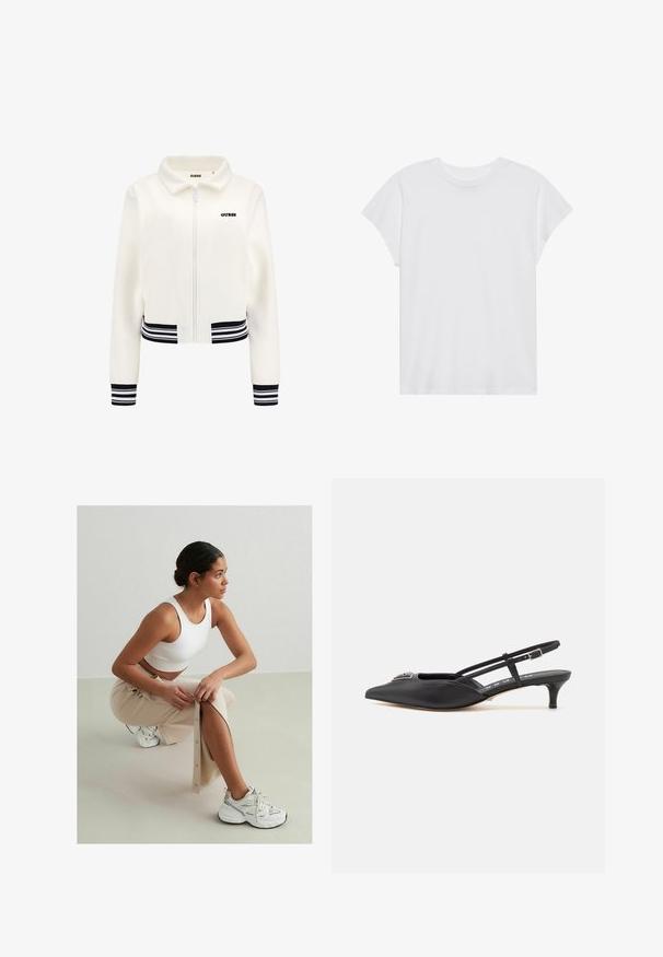 Biała polarowa kurtka z zamkiem z przodu, z prążkowanymi czarno-białymi mankietami i pasem. Na klatce piersiowej znajduje się czarny logotyp "GUESS".; Biała koszulka z krótkim rękawem, okrągłym dekoltem, luźny krój, wykonana z miękkiej bawełny. Gładka tekstura, bez wzorów ani logo.; Biały prążkowany crop top, beżowa spódnica z guzikami i bocznym rozporkiem, białe sneakersy z czarnymi i srebrnymi akcentami, siedząca na jasnym tle.; Czarne buty typu slingback z ostrym noskiem, wykonane z gładkiego materiału, z małym obcasem i dekoracyjnym srebrnym akcentem na wierzchu.