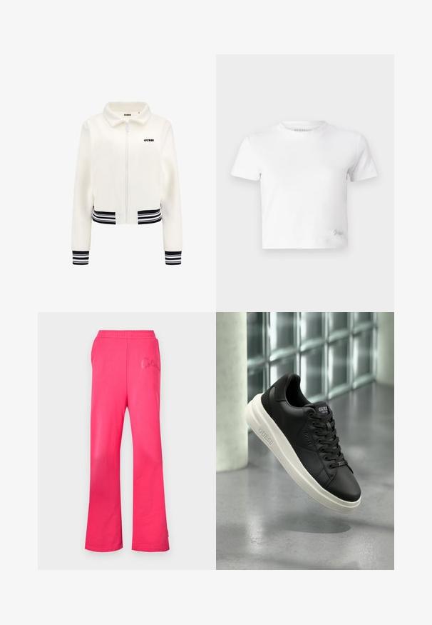 Balta pūkinė striukė su užtrauktuku priekyje, juodai baltomis dryžuotomis rankogaliais ir juosmeniu. Krūtinėje yra juodas „GUESS“ logotipas.; Balta trumpa marškinėlių suapvalinta iš lygios medvilnės, su aukštu iškirpimu ir trumpomis rankovėmis. Mažas išsiuvinėtas logotipas apatinėje kampe.; Fuksijų spalvos kelnių su laisvu kirpimu, pagamintų iš minkštos medvilnės. Yra elastinga juosmens juosta ir siuvinėtas logotipas priekyje.; Juodos žemos Guess sportbačiai su balta padu, raišteliais ir ženklinimu šone bei liežuvyje, išdėstyti prieš stiklo bloko sieną.