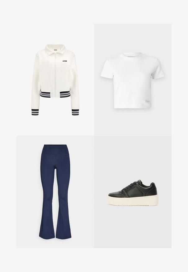 Bílý fleecový kabát se zipem vpředu, pružnými černobílými pruhovanými manžetami a pasem. Na hrudi se nachází černé logo "GUESS".; Bílý zkrácený tričko z hladké bavlny, s vysokým výstřihem a krátkými rukávy. Malá vyšitá logo v dolním rohu.; Námořnické modré rozšířené legíny vyrobené z elastické tkaniny s vysokým pasem, hladkým povrchem a bez viditelných vzorů či kovových detailů.; Černé kožené tenisky s hladkým povrchem, silnou krémovou podrážkou, kulatou špičkou a klasickým šněrovacím designem. Jemné švy.