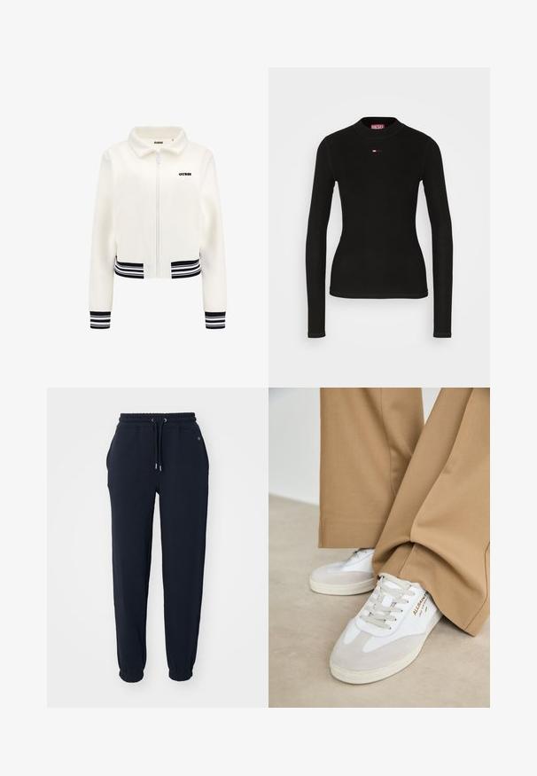 Weiße Fleecejacke mit Reißverschluss, gerippten schwarz-weißen Bündchen und Saum. Mit einem schwarzen "GUESS"-Logo auf der Brust.; Schwarzes Langarmshirt aus geripptem Stoff, mit Rundhalsausschnitt und einem kleinen roten Diesel-Logo auf der Brust.; GANT SHIELD  - Jogginghose - evening blue; Weiße Sneakers mit Wildlederakzenten, strukturierten Schnürsenkeln und einer Gummisohle. Kombiniert mit lockeren, sandfarbenen Hosen. Logo an der Seite angebracht.