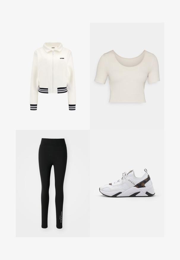 Fehér plüss kabát, elöl cipzárral, bordázott fekete-fehér csíkos mandzsettákkal és derékrészzel. A mellkasán fekete "GUESS" logó található.; Rövid ujjú, cropped felső világos bézs bordás anyagból. Széles kerek nyakkivágással és feszes szabással rendelkezik, kiemelve a sima textúrát.; Fekete leggings rugalmas anyagból. Magas derék, sima textúrával. Az alsó lábszáron fehér felirat található, amely azt mondja: "ATHELEISURE."; Fehér sportcipő, hálós és szintetikus anyagból, fekete és barna díszítésekkel, texturált oldalakkal és kiemelkedő logóval. Gumitalp.